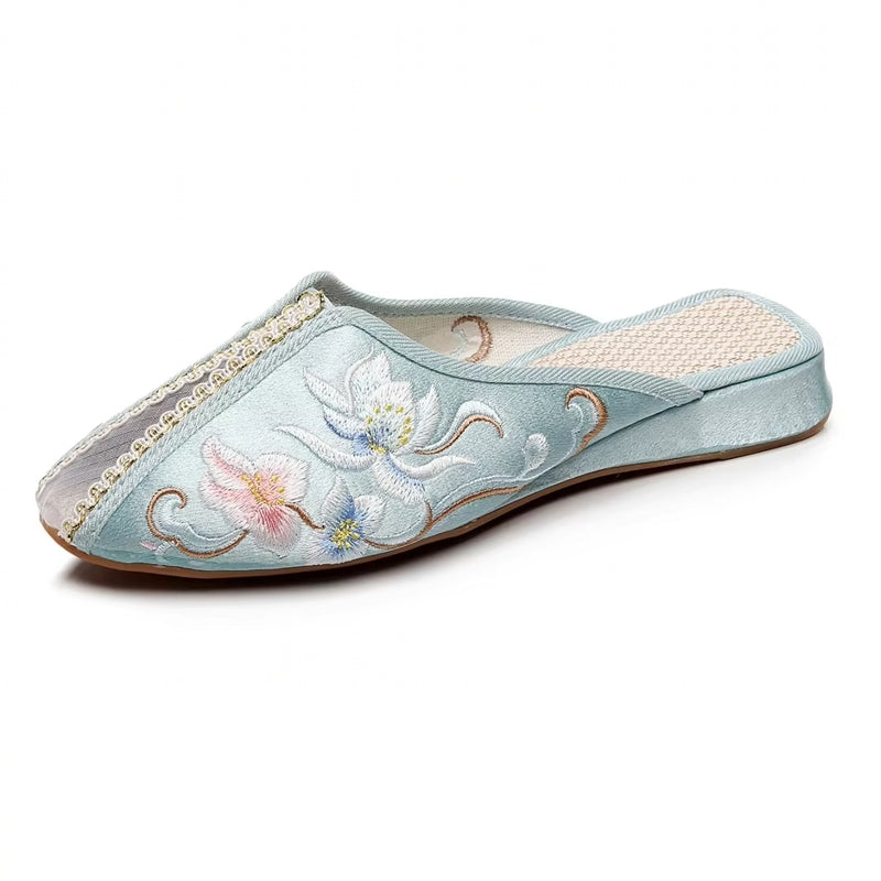 Elegant Women Satin Embroidered Flat Mules Slippers Slippers - Tophatter Daily Deals