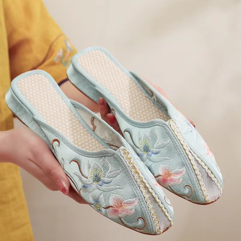 Elegant Women Satin Embroidered Flat Mules Slippers Cyan Slippers - Tophatter Daily Deals