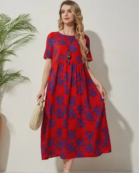 Round Neck Casual Style Floral Dresses Midi Dresses - Tophatter Daily Deals