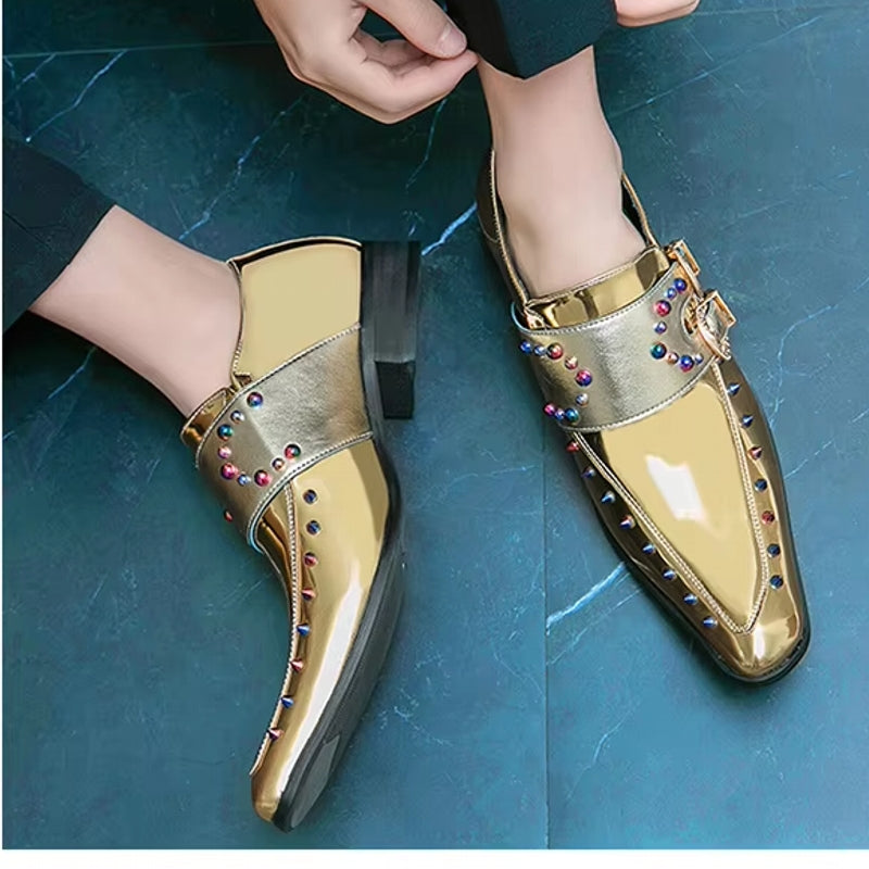 Golden Glitter Leather Rhinestone Men Chelsea Men Dresses Shoes - Tophatter Daily Deals