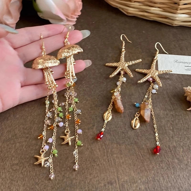 Boho Starfish Scallop Shell Tassel Earrings Earrings - Tophatter Daily Deals