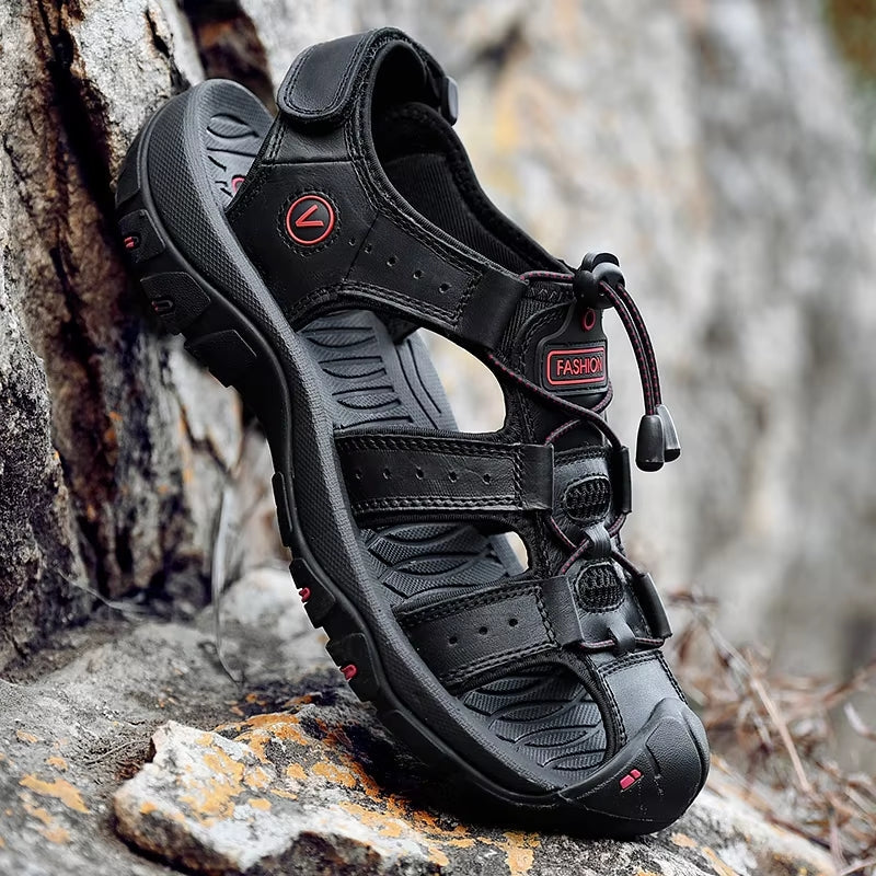 Summer Men Sandals Leather Beach Shoes Black Men Sandals - Tophatter Daily Deals