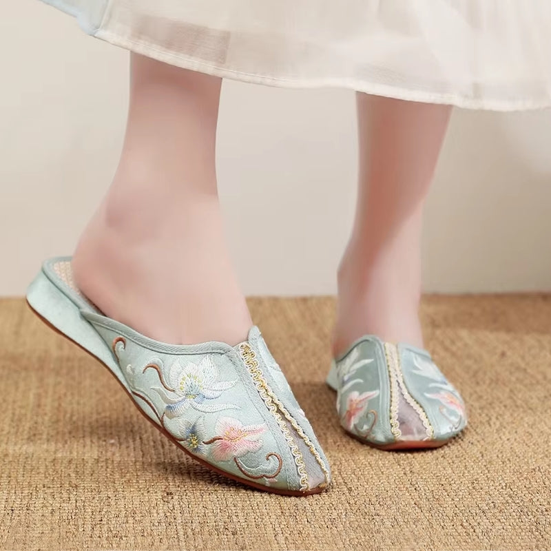 Elegant Women Satin Embroidered Flat Mules Slippers Slippers - Tophatter Daily Deals