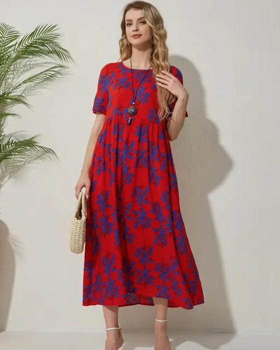 Round Neck Casual Style Floral Dresses Red Midi Dresses - Tophatter Daily Deals