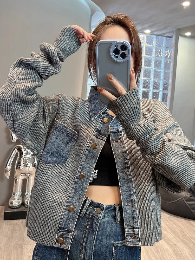 Retro Denim knitted Women Jacket Top Blue Coats & Jackets - Tophatter Daily Deals