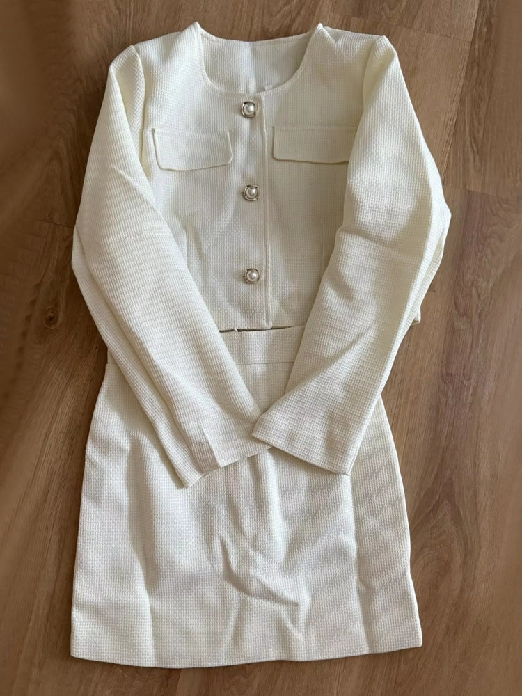 Women Tweed Pearl Buttons Jackets Skirts Work Wear Blazers - Tophatter Daily Deals