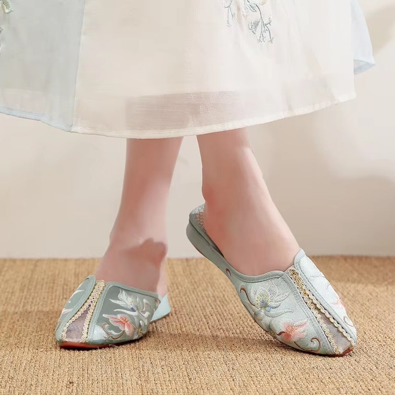 Elegant Women Satin Embroidered Flat Mules Slippers Slippers - Tophatter Daily Deals