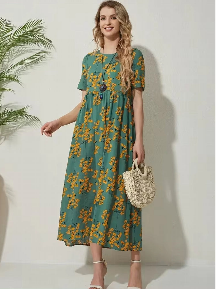 Round Neck Casual Style Floral Dresses Light Green Midi Dresses - Tophatter Daily Deals