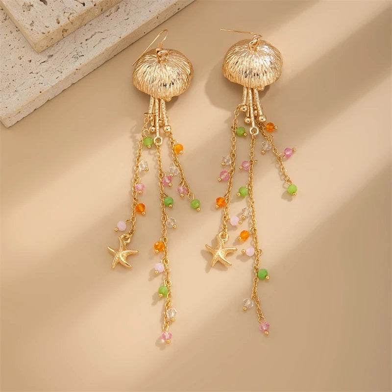 Boho Starfish Scallop Shell Tassel Earrings Earrings - Tophatter Daily Deals