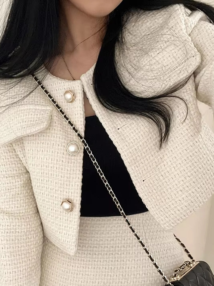 Women Tweed Pearl Buttons Jackets Skirts Work Wear Blazers - Tophatter Daily Deals