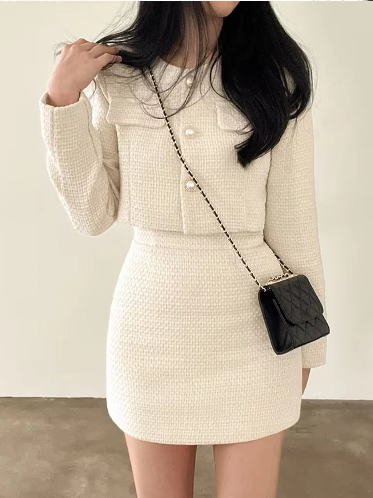 Women Tweed Pearl Buttons Jackets Skirts Work Wear Blazers - Tophatter Daily Deals