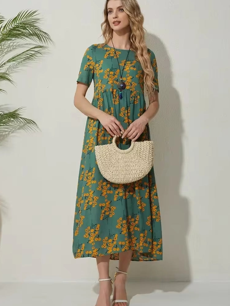 Round Neck Casual Style Floral Dresses Midi Dresses - Tophatter Daily Deals