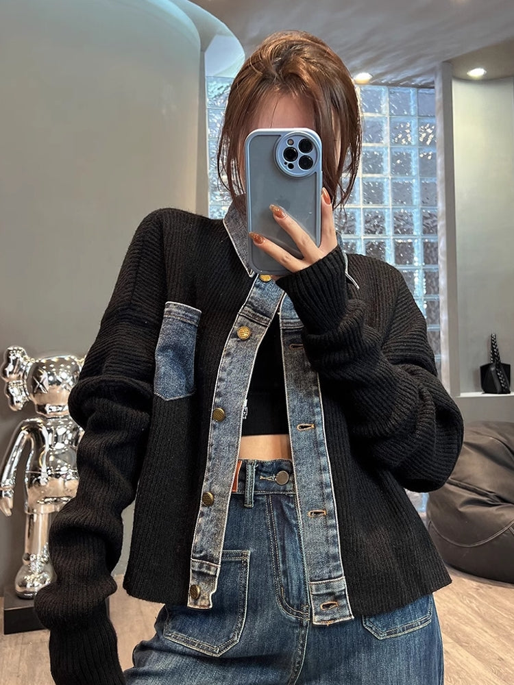Retro Denim knitted Women Jacket Top Black Coats & Jackets - Tophatter Daily Deals