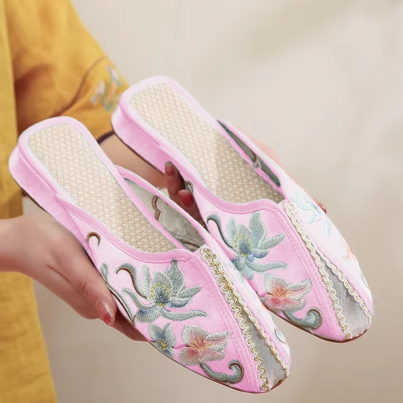 Elegant Women Satin Embroidered Flat Mules Slippers Light Pink Slippers - Tophatter Daily Deals