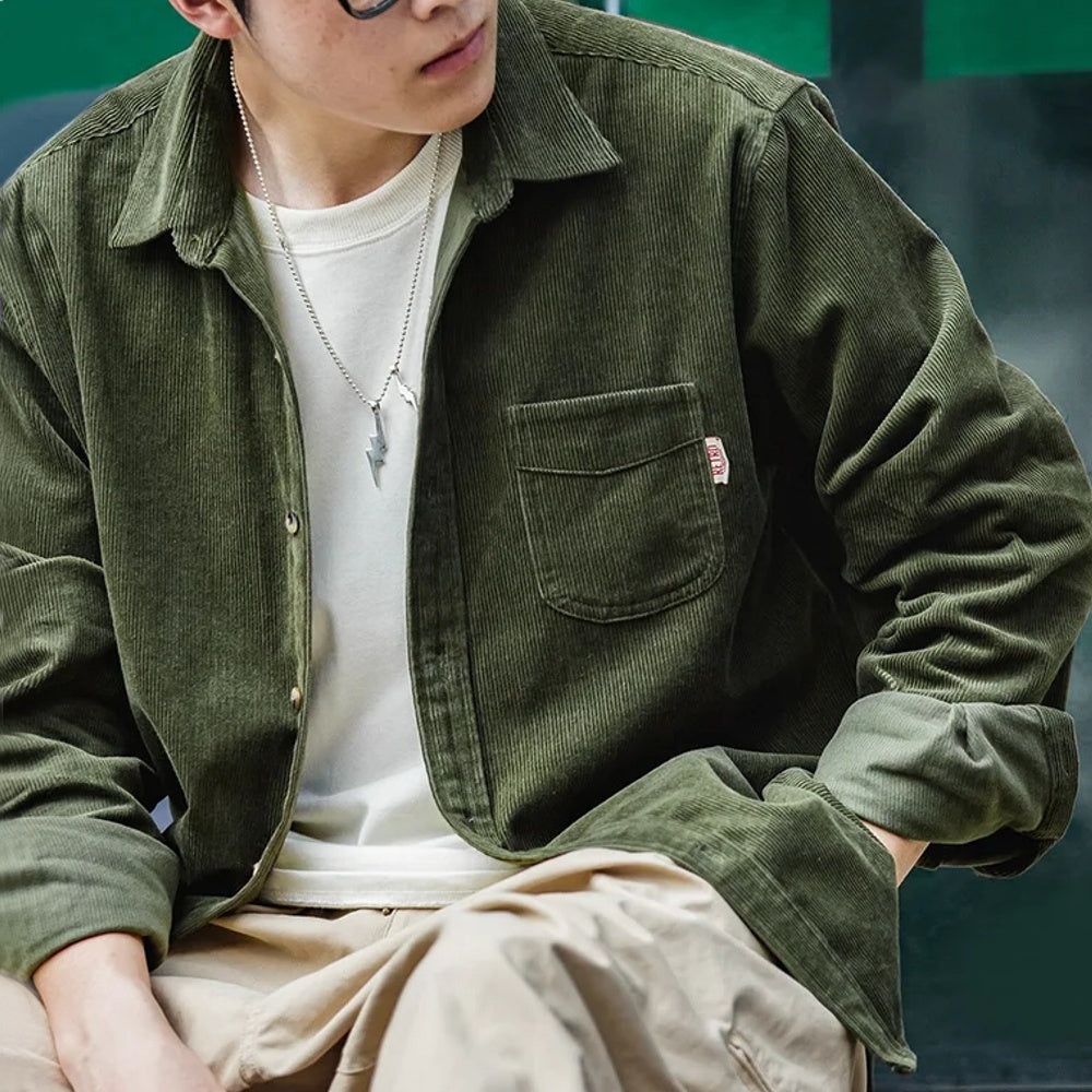 Excellent Corduroy Men's Shirt Long Sleeve Fleece Jacket Army Green Men Jackets - Tophatter Daily Deals