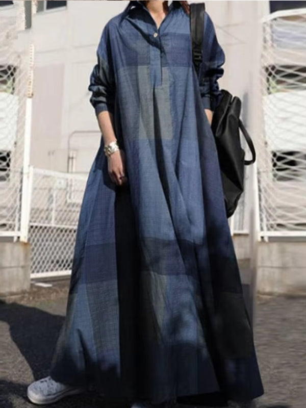 Women Vintage Check Shirt Long Sleeve Loose Sundress Blue Maxi Dresses - Tophatter Daily Deals