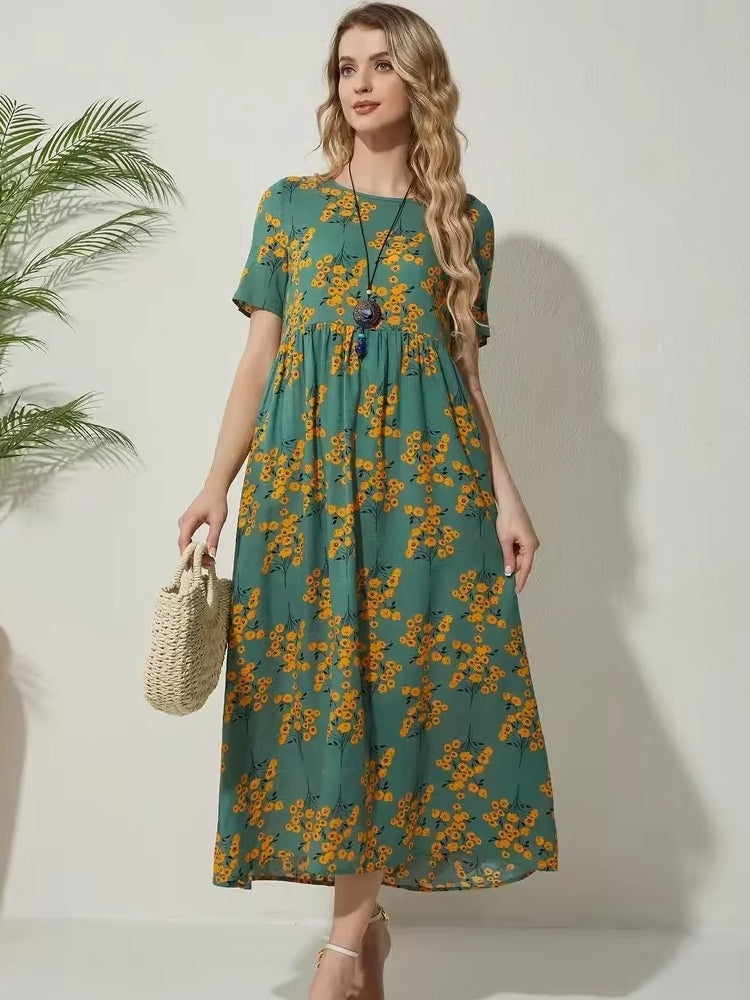 Round Neck Casual Style Floral Dresses Midi Dresses - Tophatter Daily Deals