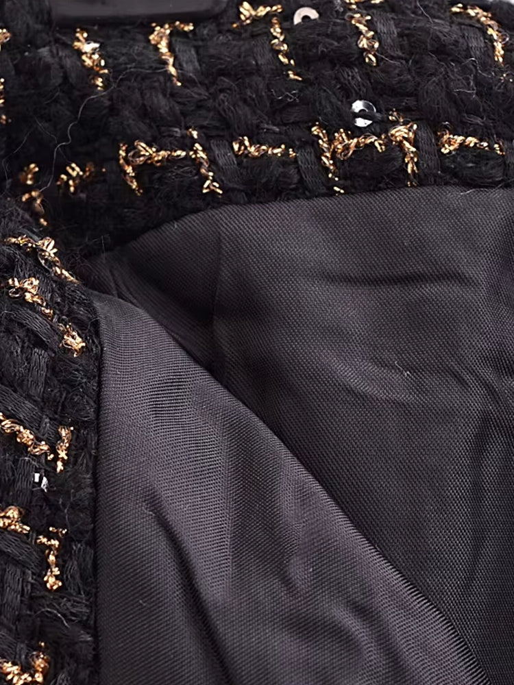 Women Black Braided Gold Thread Tweed Blazer Work Wear Blazers - Tophatter Daily Deals