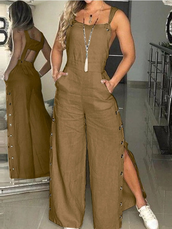 Casual Wide-Leg Jumpsuit with Side Pockets Khaki Jumpsuits Pants - Tophatter Daily Deals