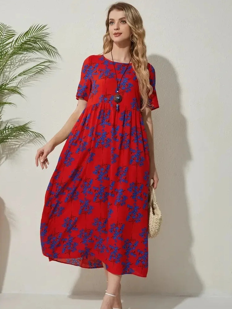 Round Neck Casual Style Floral Dresses Midi Dresses - Tophatter Daily Deals