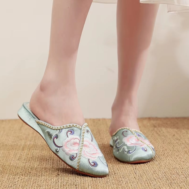 Elegant Women Satin Embroidered Flat Mules Slippers Slippers - Tophatter Daily Deals