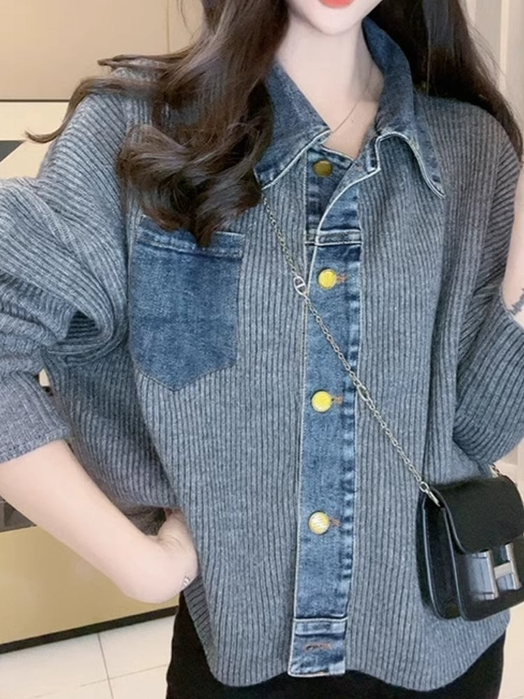 Retro Denim knitted Women Jacket Top Coats & Jackets - Tophatter Daily Deals