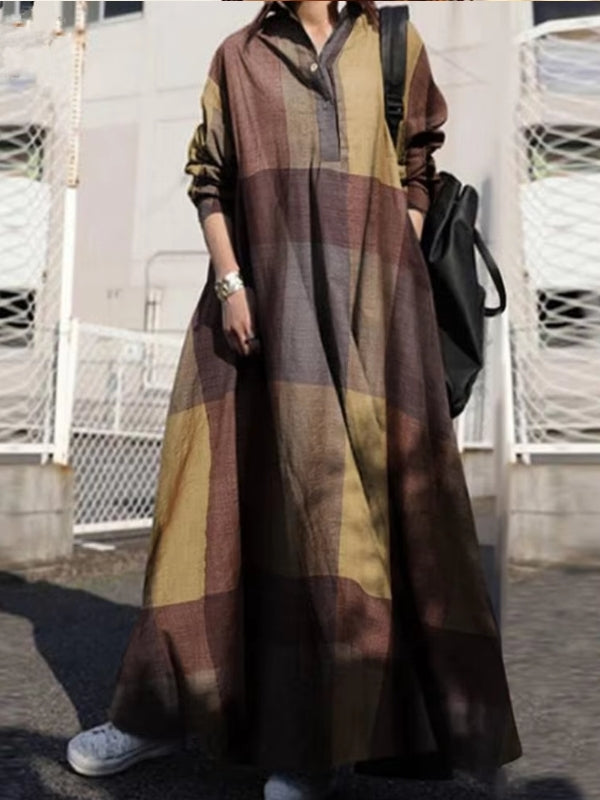 Women Vintage Check Shirt Long Sleeve Loose Sundress Brown Maxi Dresses - Tophatter Daily Deals