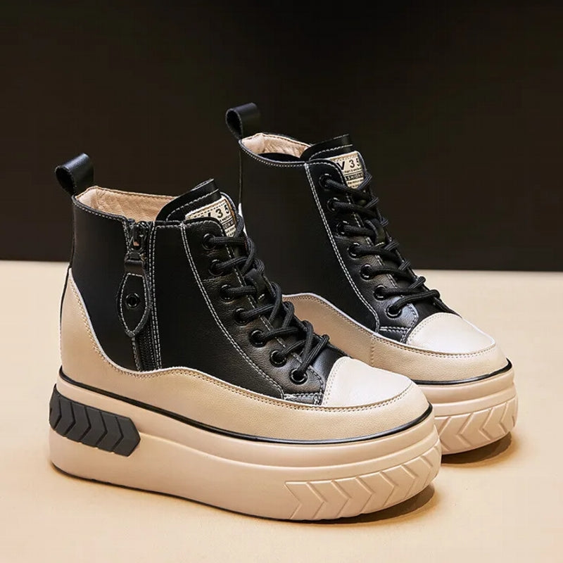 Women Shoes Genuine Leather 8cm Zip Boots Black High Heel Sneaker - Tophatter Daily Deals