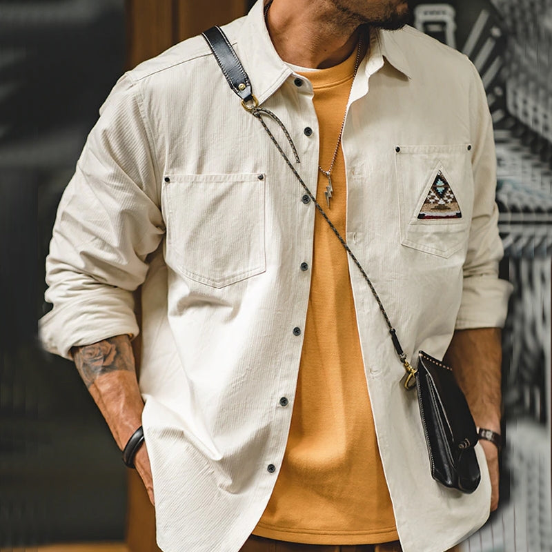 Retro Sleeve Patchwork Pocket Totem Shirt Creamy White Men's Clothing - Tophatter Daily Deals