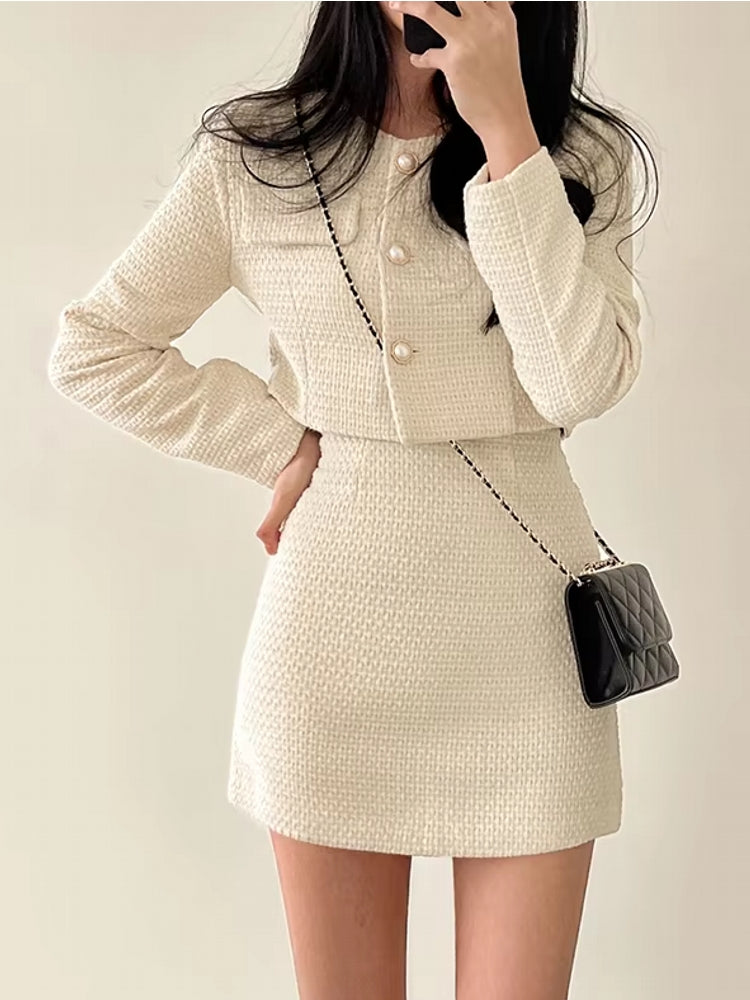 Women Tweed Pearl Buttons Jackets Skirts Apricot Work Wear Blazers - Tophatter Daily Deals