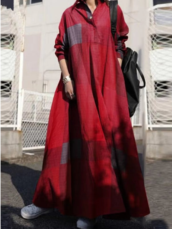 Women Vintage Check Shirt Long Sleeve Loose Sundress Red Maxi Dresses - Tophatter Daily Deals