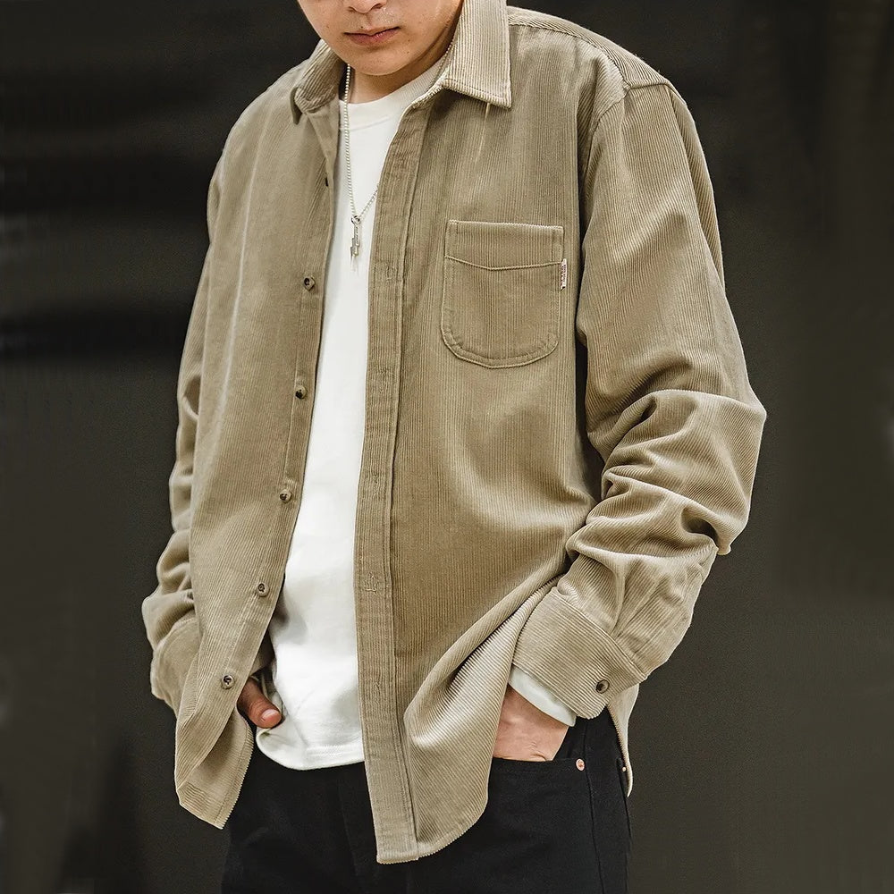 Excellent Corduroy Men's Shirt Long Sleeve Fleece Jacket Light Khaki Men Jackets - Tophatter Daily Deals