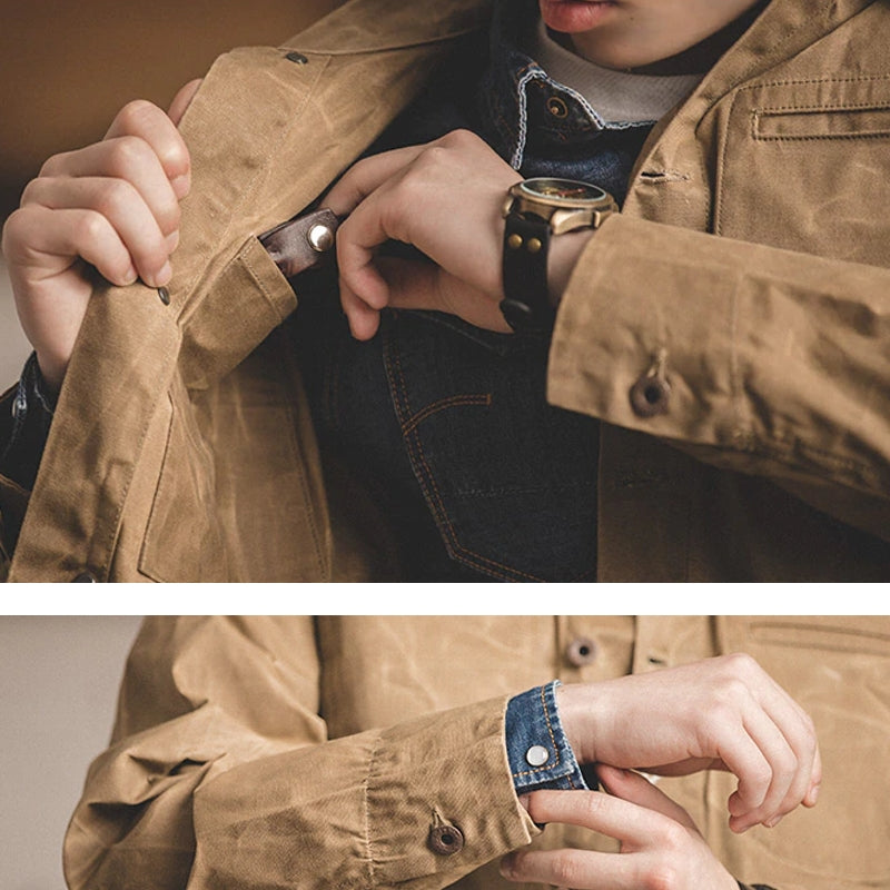 Canvas Oil Wax Men Jackets Khaki Retro Multi-pocket Men's Clothing - Tophatter Daily Deals