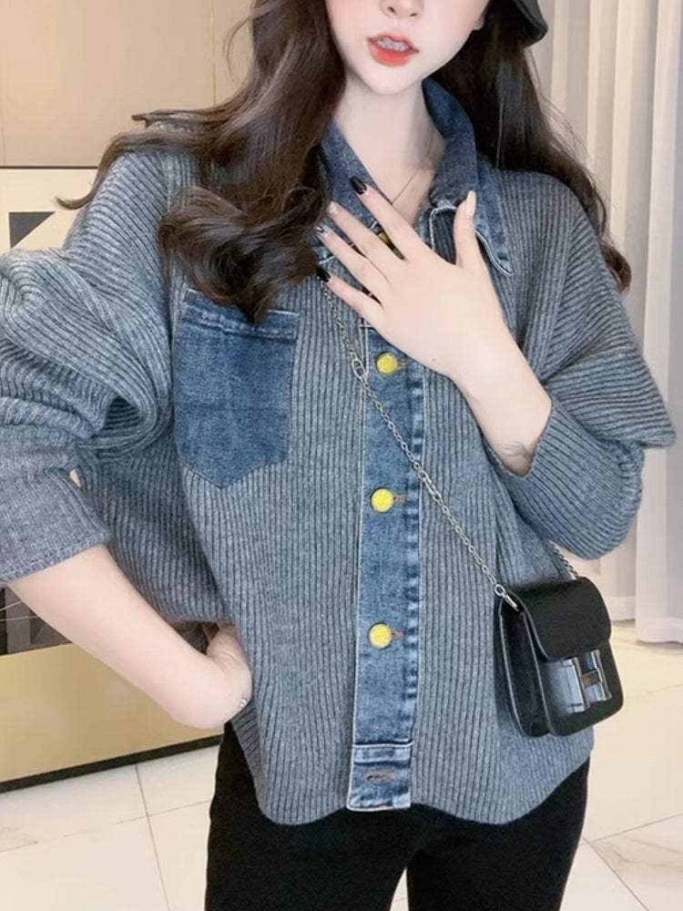 Retro Denim knitted Women Jacket Top Coats & Jackets - Tophatter Daily Deals