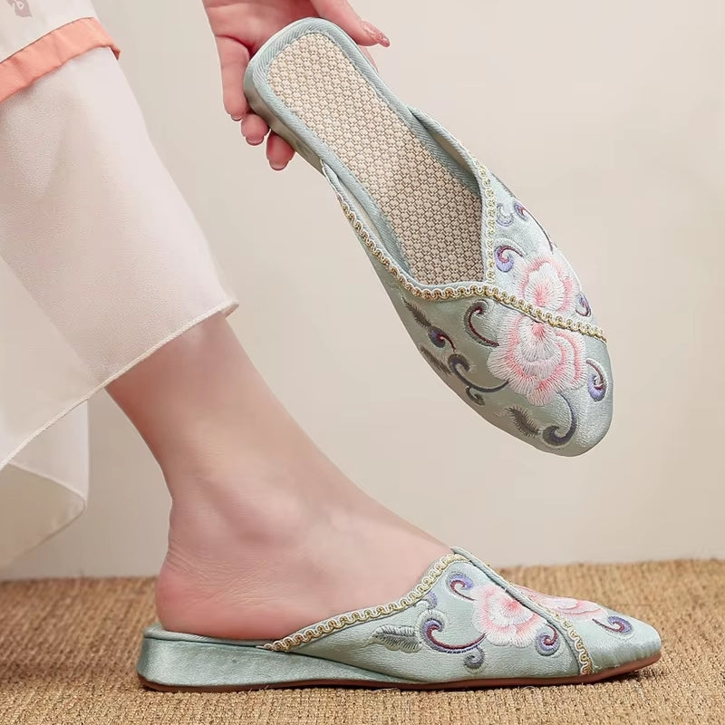 Elegant Women Satin Embroidered Flat Mules Slippers Slippers - Tophatter Daily Deals