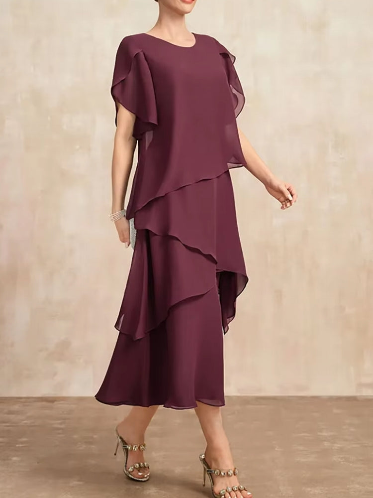 Elegant Women Burgundy Chiffon Midi Dress Midi Dresses - Tophatter Daily Deals