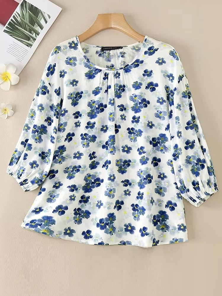 Holidays Floral Blouse Round Neck 3/4 Sleeve Top Blouses - Tophatter Daily Deals