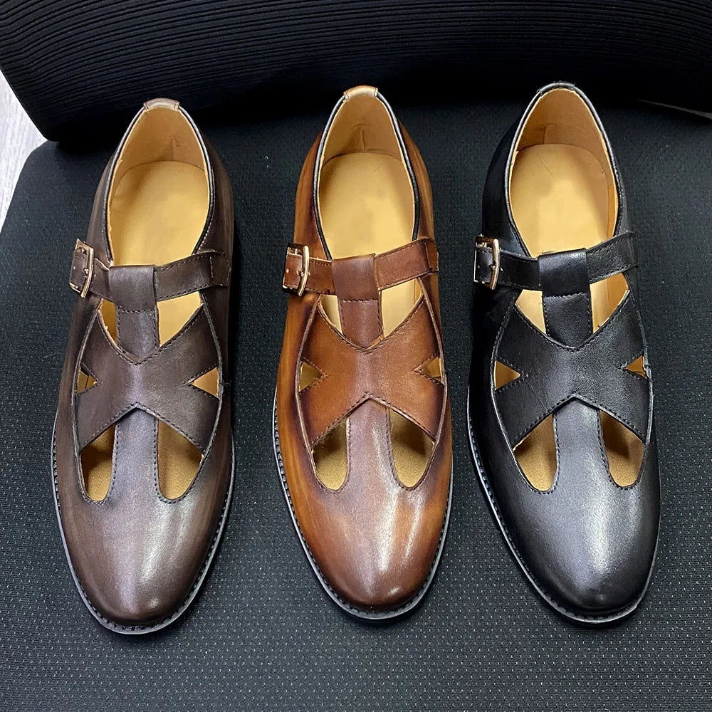 Retro Genuine Leather Roman Hollow Out Buckle Men Sandals Men Shoes - Tophatter Daily Deals