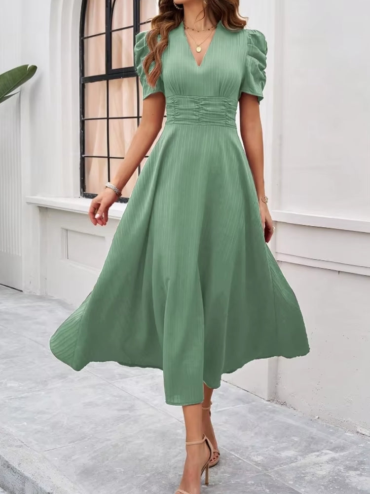 Elegance of High-Waisted Solid Color Dresses for Summer Light Green Midi Dresses - Tophatter Daily Deals