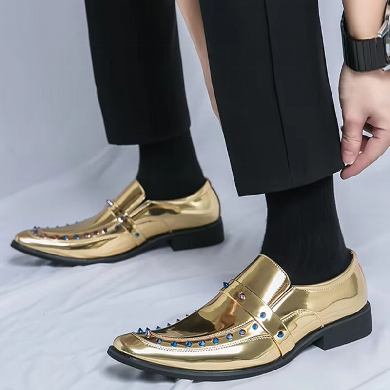 Fashion Gold, Silver, and Black Glitter Leather Rhinestone Shoes Men Dresses Shoes - Tophatter Daily Deals