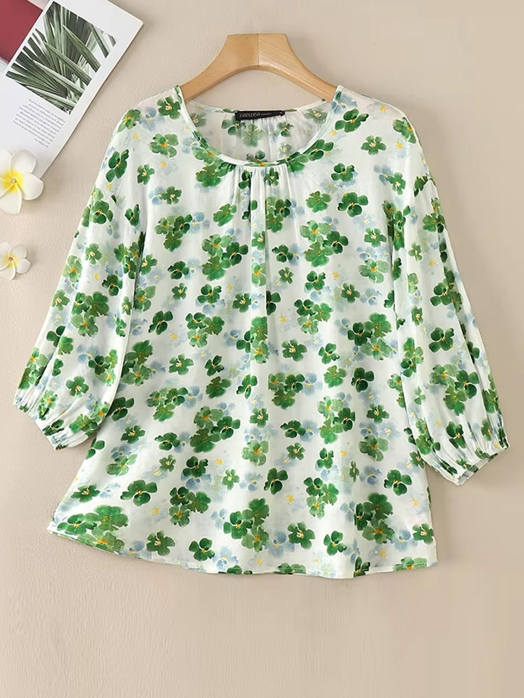 Holidays Floral Blouse Round Neck 3/4 Sleeve Top Blouses - Tophatter Daily Deals