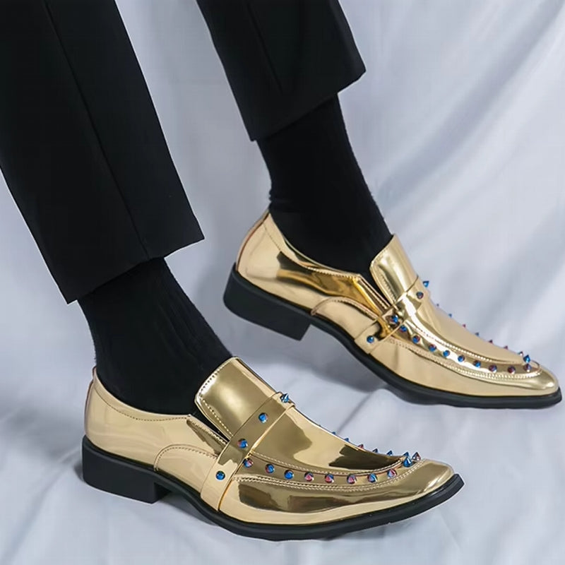 Fashion Gold, Silver, and Black Glitter Leather Rhinestone Shoes Gold Men Dresses Shoes - Tophatter Daily Deals