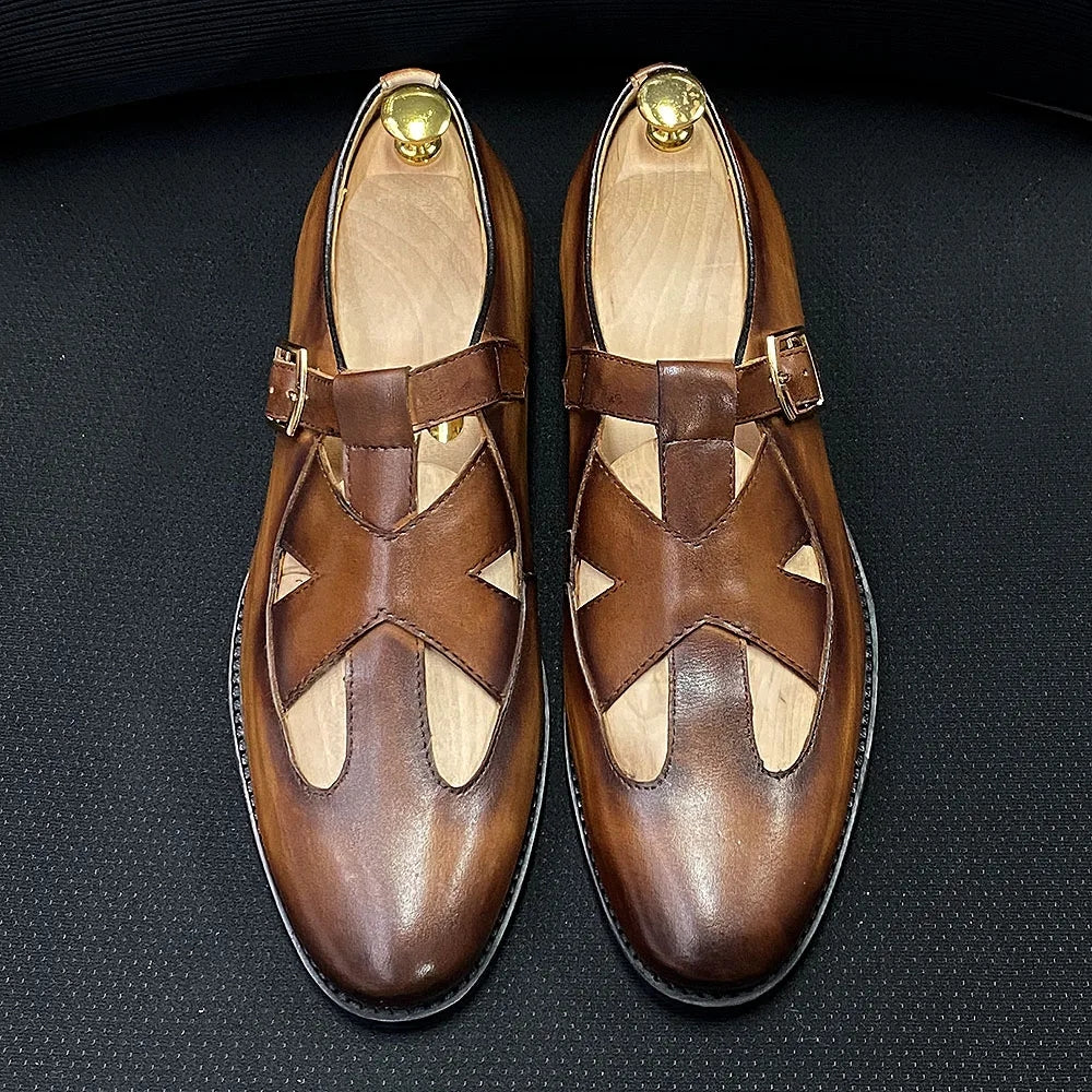 Retro Genuine Leather Roman Hollow Out Buckle Men Sandals Brown Men Shoes - Tophatter Daily Deals
