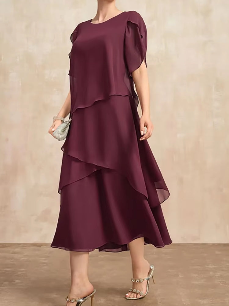Elegant Women Burgundy Chiffon Midi Dress Midi Dresses - Tophatter Daily Deals