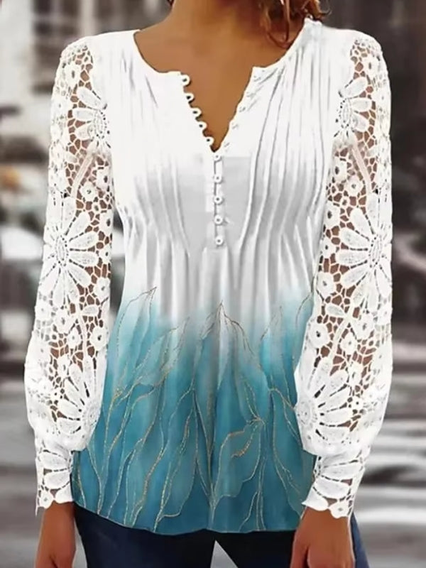 Casual Shirt Women Long sleeve Printed Blouse Cyan Blouses - Tophatter Daily Deals