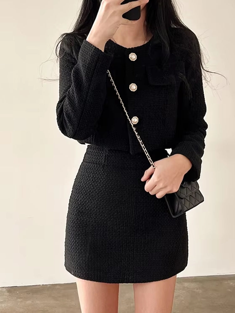 Women Tweed Pearl Buttons Jackets Skirts Work Wear Blazers - Tophatter Daily Deals