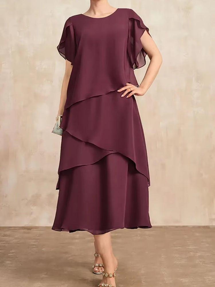 Elegant Women Burgundy Chiffon Midi Dress Midi Dresses - Tophatter Daily Deals