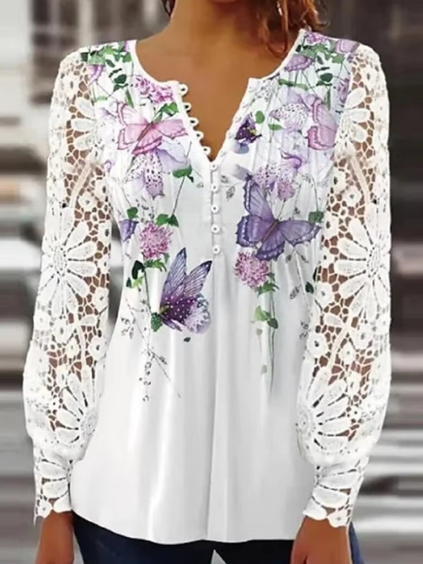 Casual Shirt Women Long sleeve Printed Blouse Violet Blouses - Tophatter Daily Deals