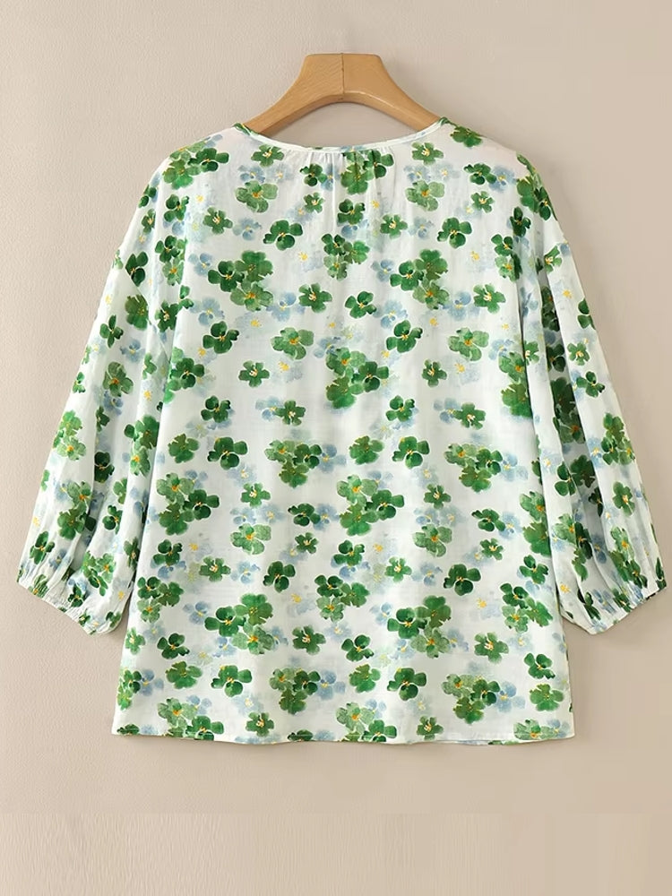 Holidays Floral Blouse Round Neck 3/4 Sleeve Top Blouses - Tophatter Daily Deals