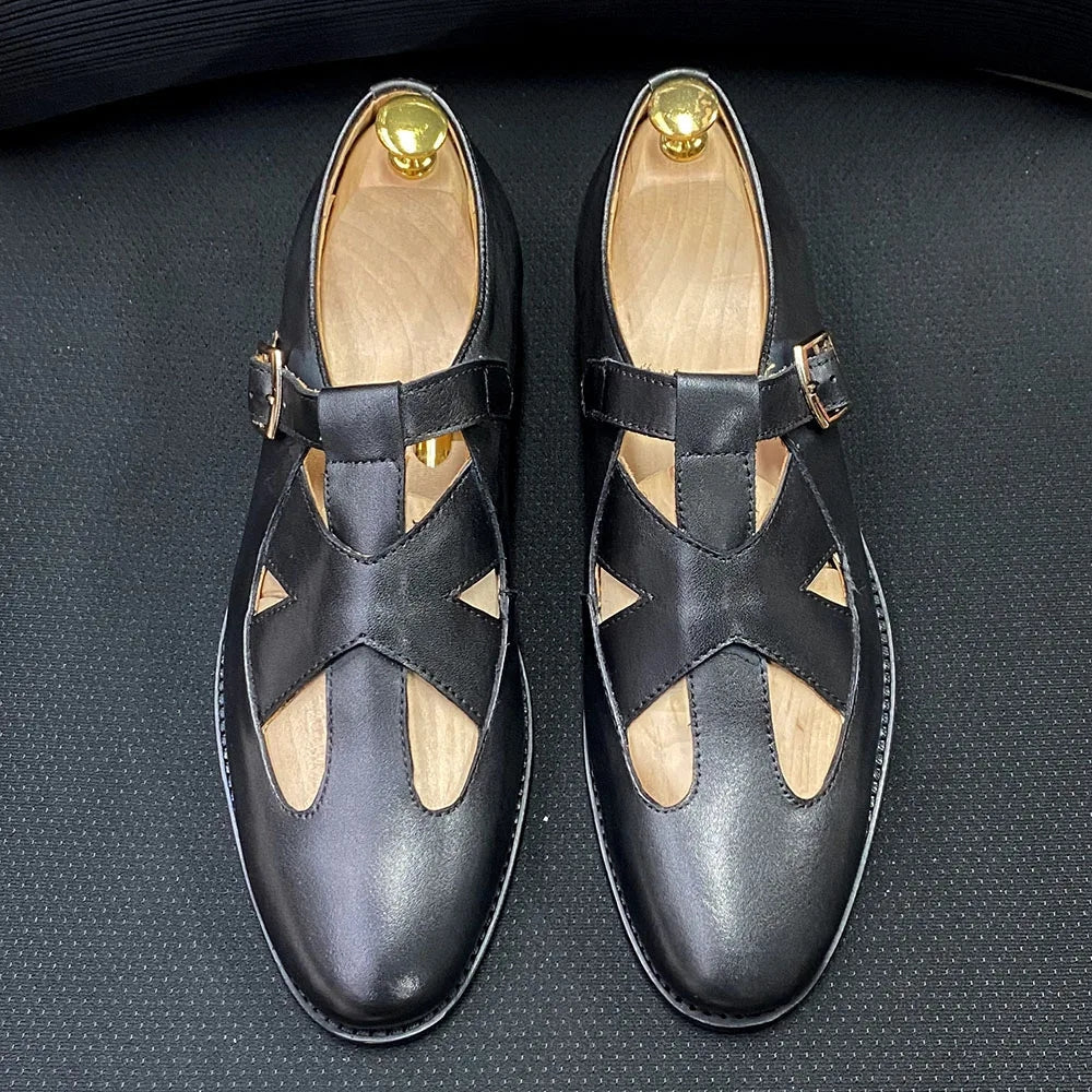 Retro Genuine Leather Roman Hollow Out Buckle Men Sandals Black Men Shoes - Tophatter Daily Deals
